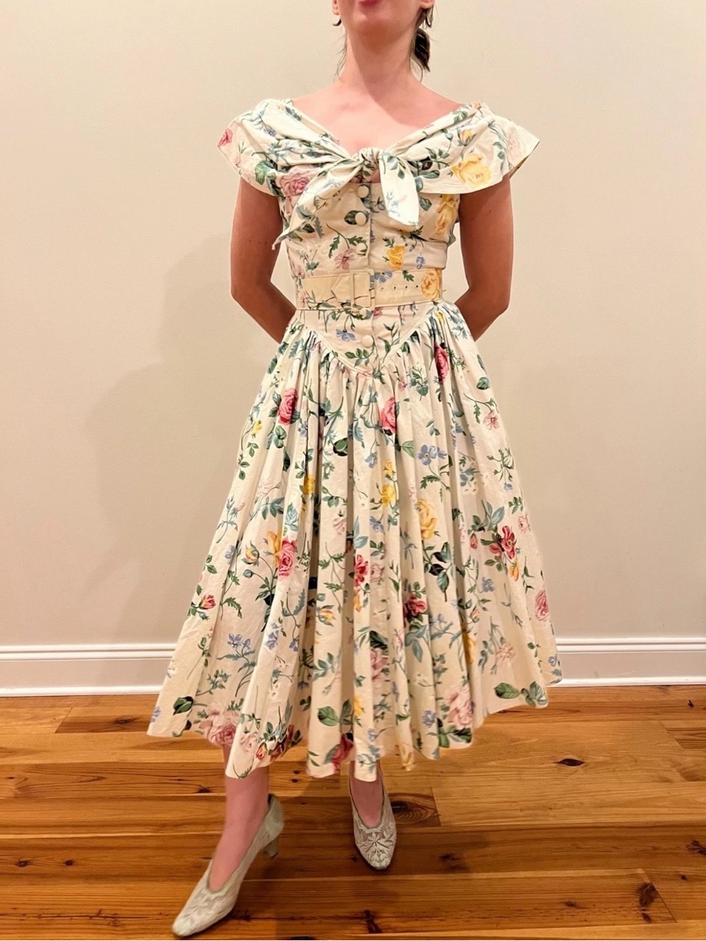 VTG Karen Alexander Dress 4 Floral Full Skirt Pinup Garden Party Tea 80s Corset